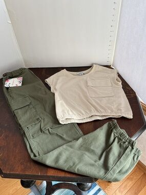 Kids Olive Cargo Joggers & Cream Crop Tee Set
